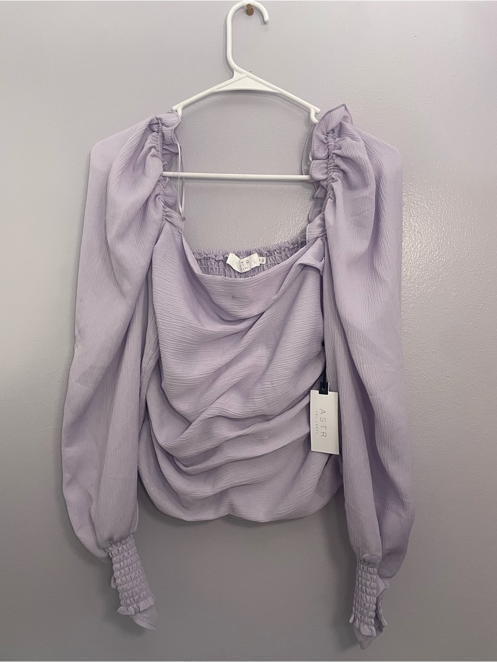 Astr Lavender Ruched Puff-Sleeve Blouse